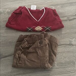 Gymboree Burgundy Argyle Sweater Vest and Brown Pants Set